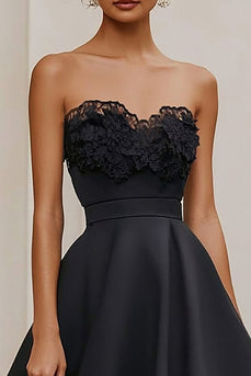 Black Strapless Satin A Line Maxi Formal Dress with Lace