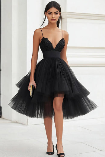 Black Tulle Tiered High-Low A Line Graduation Dress