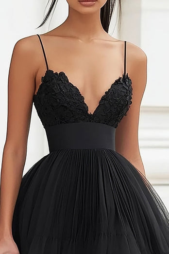 Black Tulle Tiered High-Low A Line Graduation Dress