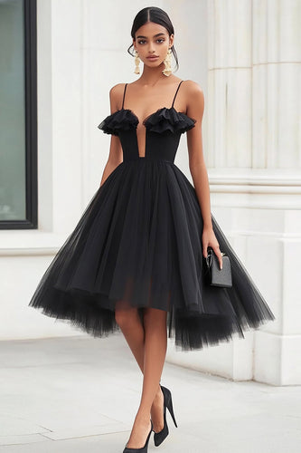 Black A Line Tulle Mini Graduation Dress with Ruffles