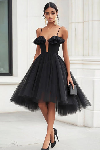 Black A Line Tulle Mini Graduation Dress with Ruffles