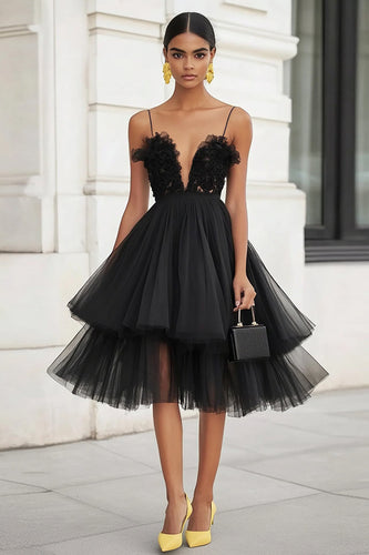 Black Tiered Tulle Ruffled Graduation Dress