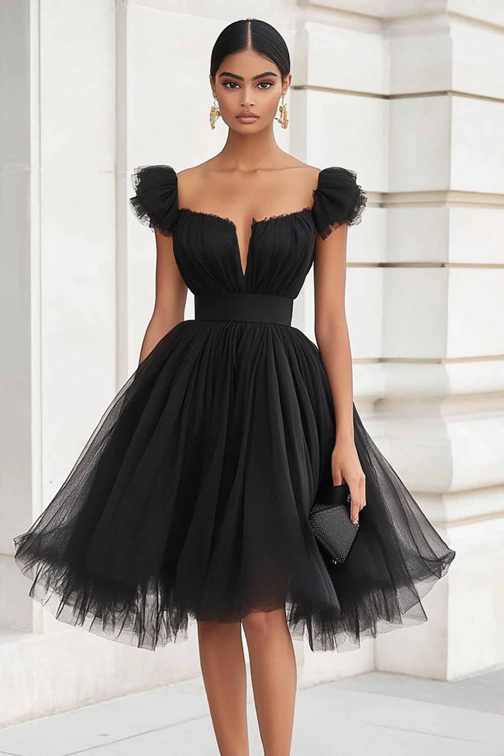 Black A Line Tulle Mini Graduation Dress with Ruffles