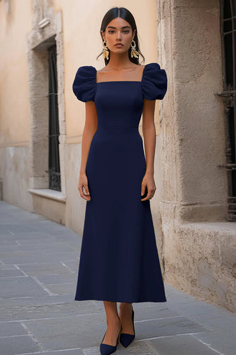 Navy A Line Satin Square Neck Maxi Formal Dress