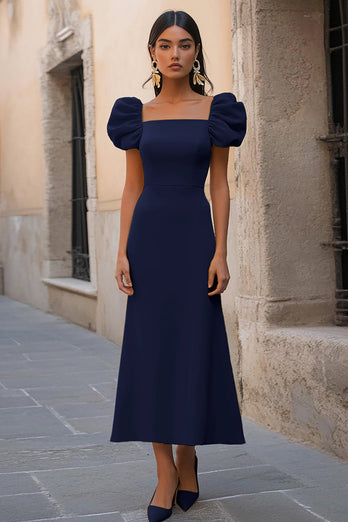 Navy A Line Satin Square Neck Maxi Formal Dress