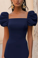 Load image into Gallery viewer, Navy A Line Satin Square Neck Maxi Formal Dress