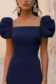 Navy A Line Satin Square Neck Maxi Formal Dress