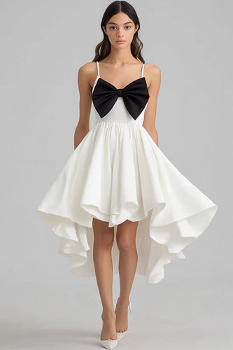 White and Black High-Low Graduation Dress with Bow