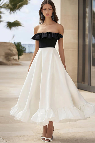 Black and White A Line Maxi Formal Dress with Ruffles