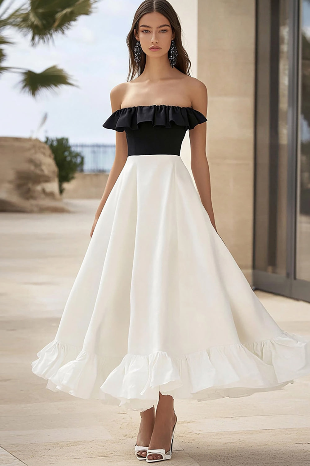 Black and White A Line Maxi Formal Dress with Ruffles