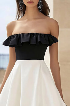 Black and White A Line Maxi Formal Dress with Ruffles