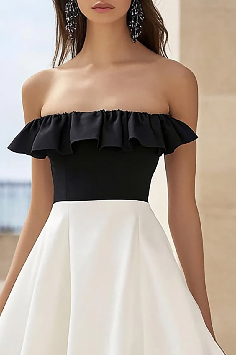 Load image into Gallery viewer, Black and White A Line Maxi Formal Dress with Ruffles