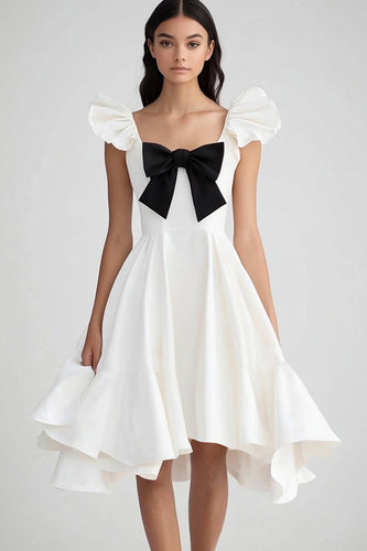 White and Black Ruffled Satin Asymmetrical Graduation Dress with Bow