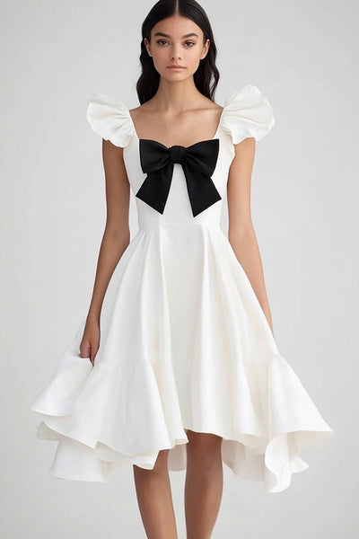 White and Black Ruffled Satin Asymmetrical Graduation Dress with Bow