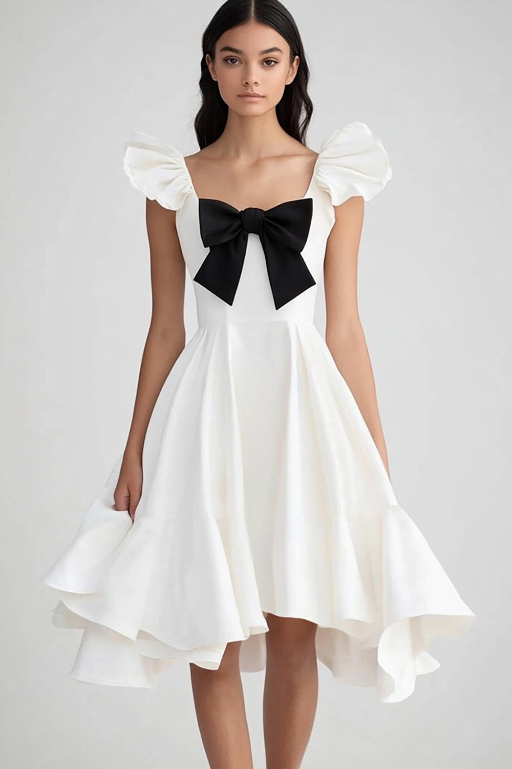 White and Black Ruffled Satin Asymmetrical Graduation Dress with Bow