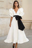 Load image into Gallery viewer, White and Black Satin A Line Maxi Formal Dress with Ruffles