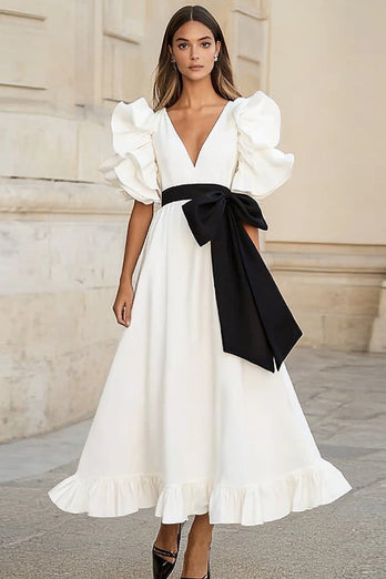 White and Black Satin A Line Maxi Formal Dress with Ruffles