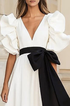 White and Black Satin A Line Maxi Formal Dress with Ruffles