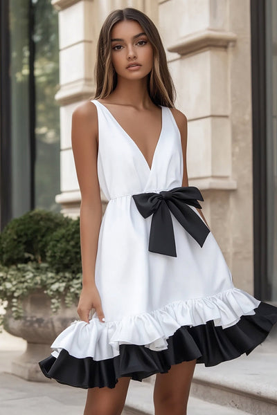 White and Black A Line V-Neck Mini Graduation Dress with Ruffles