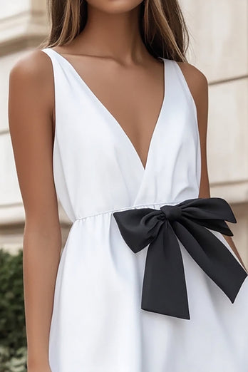 White and Black A Line V-Neck Mini Graduation Dress with Ruffles