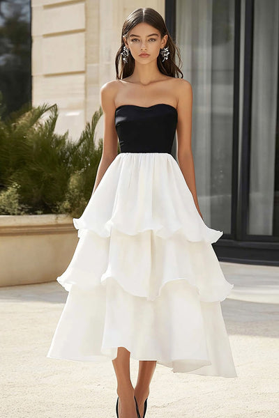 Black and White Chiffon A Line Tiered Maxi Formal Dress with Ruffles
