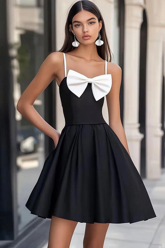 White and Black Satin Mini Graduation Dress with Bow