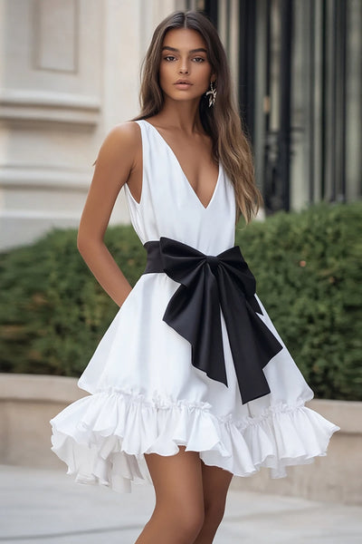 White and Black Ruffled Satin V-Neck Mini Graduation Dress with Bow