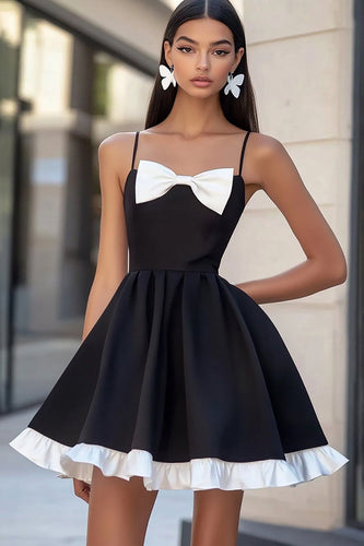 White and Black Satin A Line Mini Graduation Dress with Bow