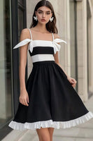 Load image into Gallery viewer, White and Black Satin Spaghetti Straps Mini Graduation Dress with Ruffles