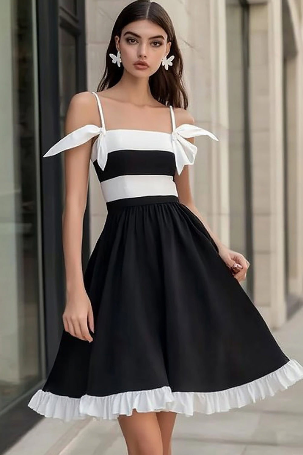 White and Black Satin Spaghetti Straps Mini Graduation Dress with Ruffles