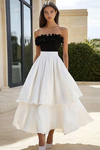 Black and White Tiered A Line Maxi Formal Dress with Ruffles