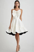 Load image into Gallery viewer, White and Black A Line Ruffled Mini Graduation Dress with Bow