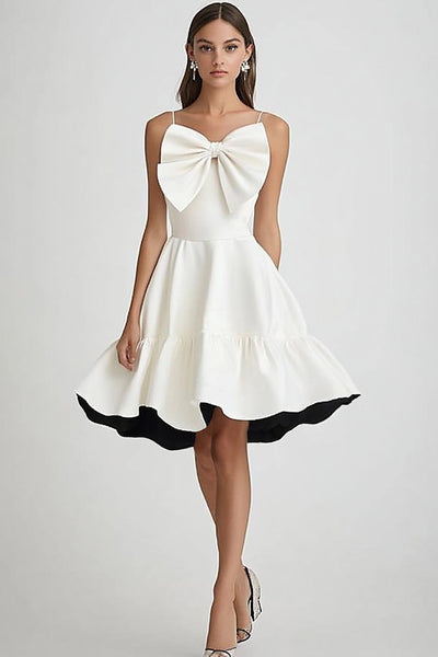 White and Black A Line Ruffled Mini Graduation Dress with Bow