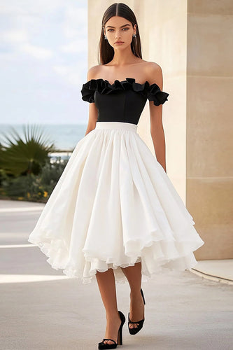 Black White A Line Maxi Formal Dress with Ruffles