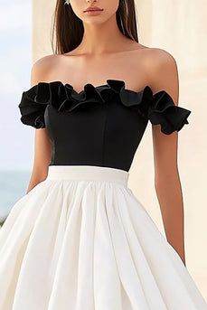 Black White A Line Maxi Formal Dress with Ruffles