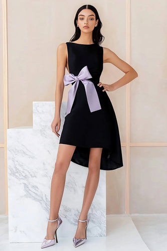 Black Satin A Line Mini Graduation Dress with Bow