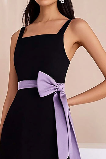 Black Satin Spaghetti Straps High-Low Graduation Dress with Bow