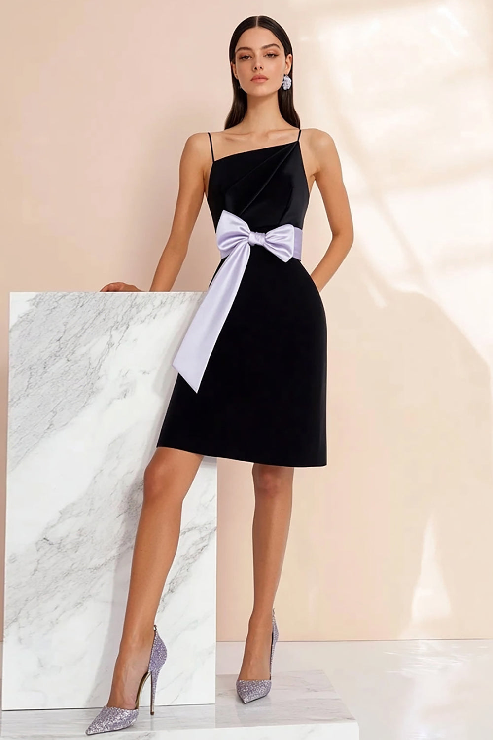 Black A Line Spaghetti Straps Mini Graduation Dress with Bow