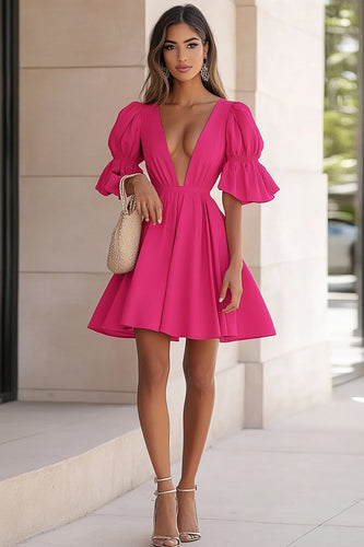 Fuchsia A Line Satin V-Neck Mini Cocktail Dress with Ruffles