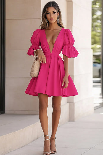 Fuchsia A Line Satin V-Neck Mini Cocktail Dress with Ruffles