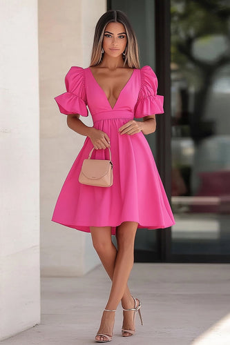 Fuchsia V-Neck Satin Mini Cocktail Dress with Ruffles