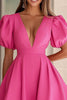 Load image into Gallery viewer, Fuchsia V-Neck Puff Sleeves A Line Mini Cocktail Dress