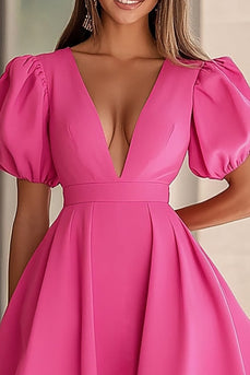 Fuchsia V-Neck Puff Sleeves A Line Mini Cocktail Dress