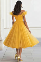 Load image into Gallery viewer, Yellow Tulle A Line Off the Shoulder Midi Formal Dress