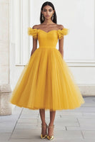 Load image into Gallery viewer, Women Yellow Tulle Midi Formal Dress A Line Ruched Off the Shoulder Prom Dress