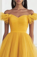 Load image into Gallery viewer, Yellow Tulle A Line Off the Shoulder Midi Formal Dress