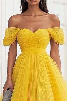 Yellow Tulle Off the Shoulder Midi Formal Dress