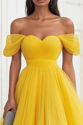 Yellow Tulle Off the Shoulder Midi Formal Dress