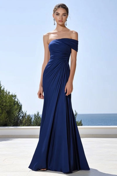Navy Satin Ruched Mermaid Maxi Formal Dress