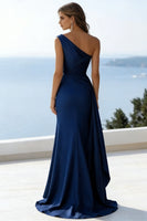 Load image into Gallery viewer, Navy Satin One Shoulder Mermaid Maxi Formal Dress